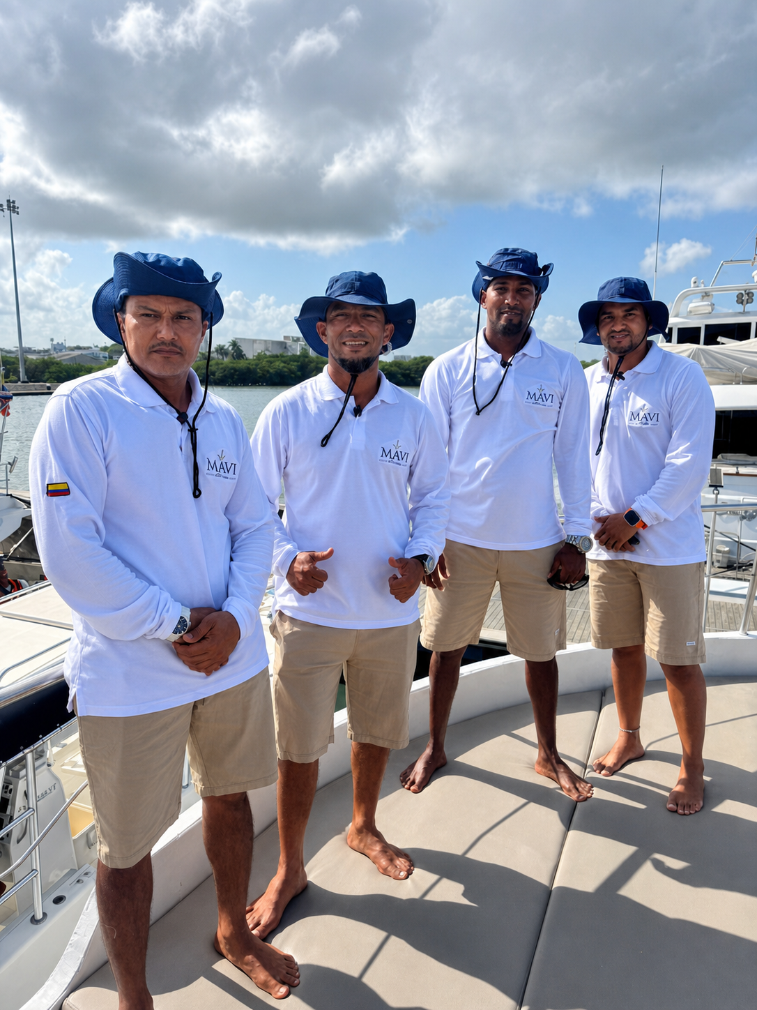 Cuatro integrantes de la tripulación de Mavi Soul a bordo del catamarán
